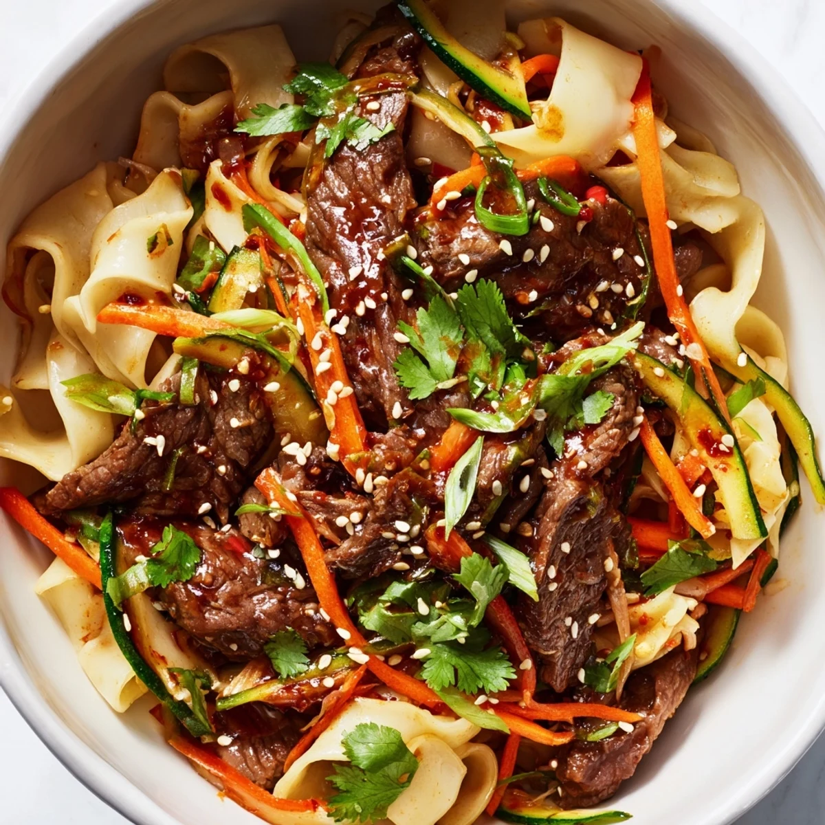 Sizzling Spicy Beef Noodles with Vegetables in a skillet, showing crisp snap peas, julienned carrots, and egg noodles coated in a bold, reddish sauce.