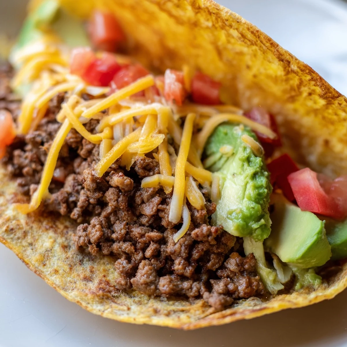 A vibrant Beef Taco Salad with Crispy Shell brimming with seasoned beef, black beans, and cheddar in a golden tortilla bowl.
