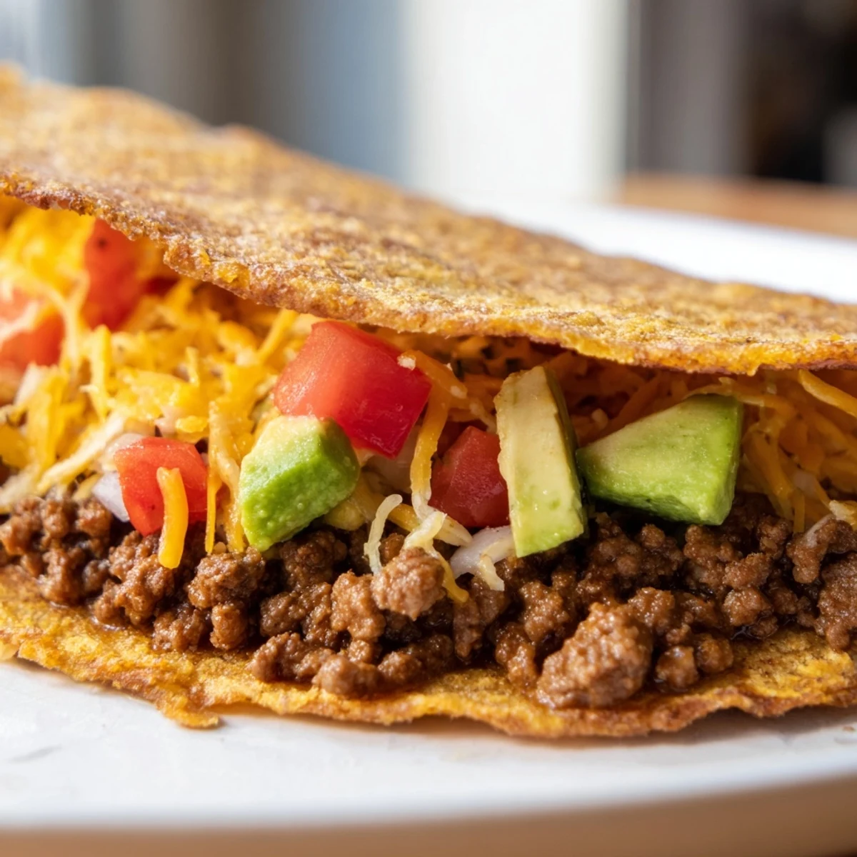 Crisp golden shell of a Beef Taco Salad filled with seasoned ground beef, fresh lettuce, and a creamy lime dressing.