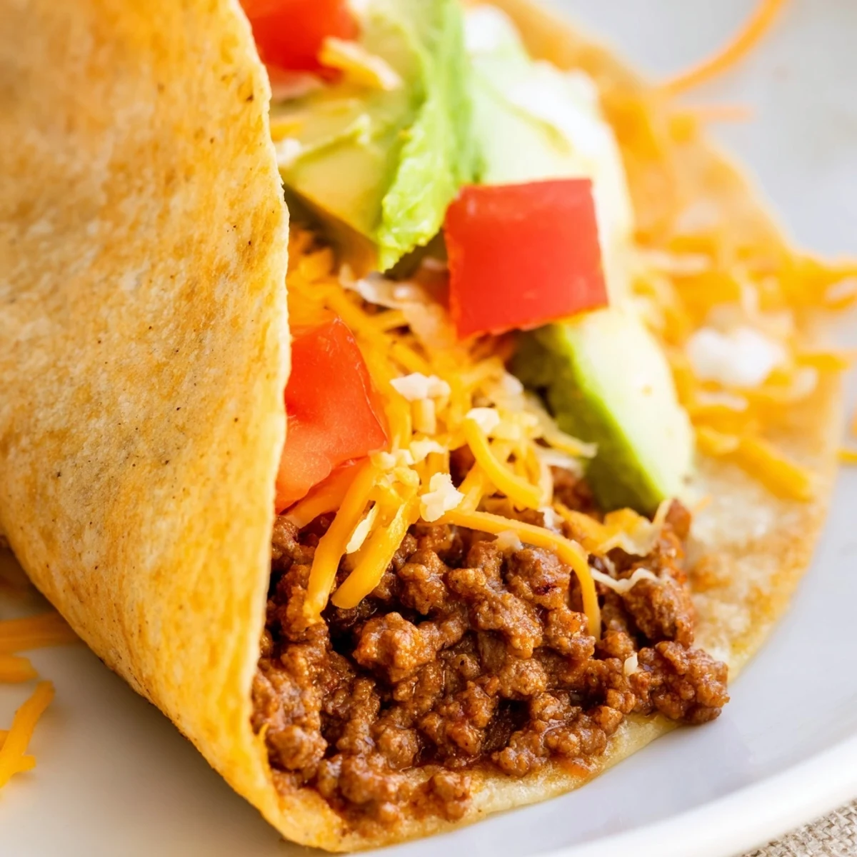 Sizzling ground beef and fresh veggies piled inside a crunchy tortilla shell for a classic Beef Taco Salad dinner.
