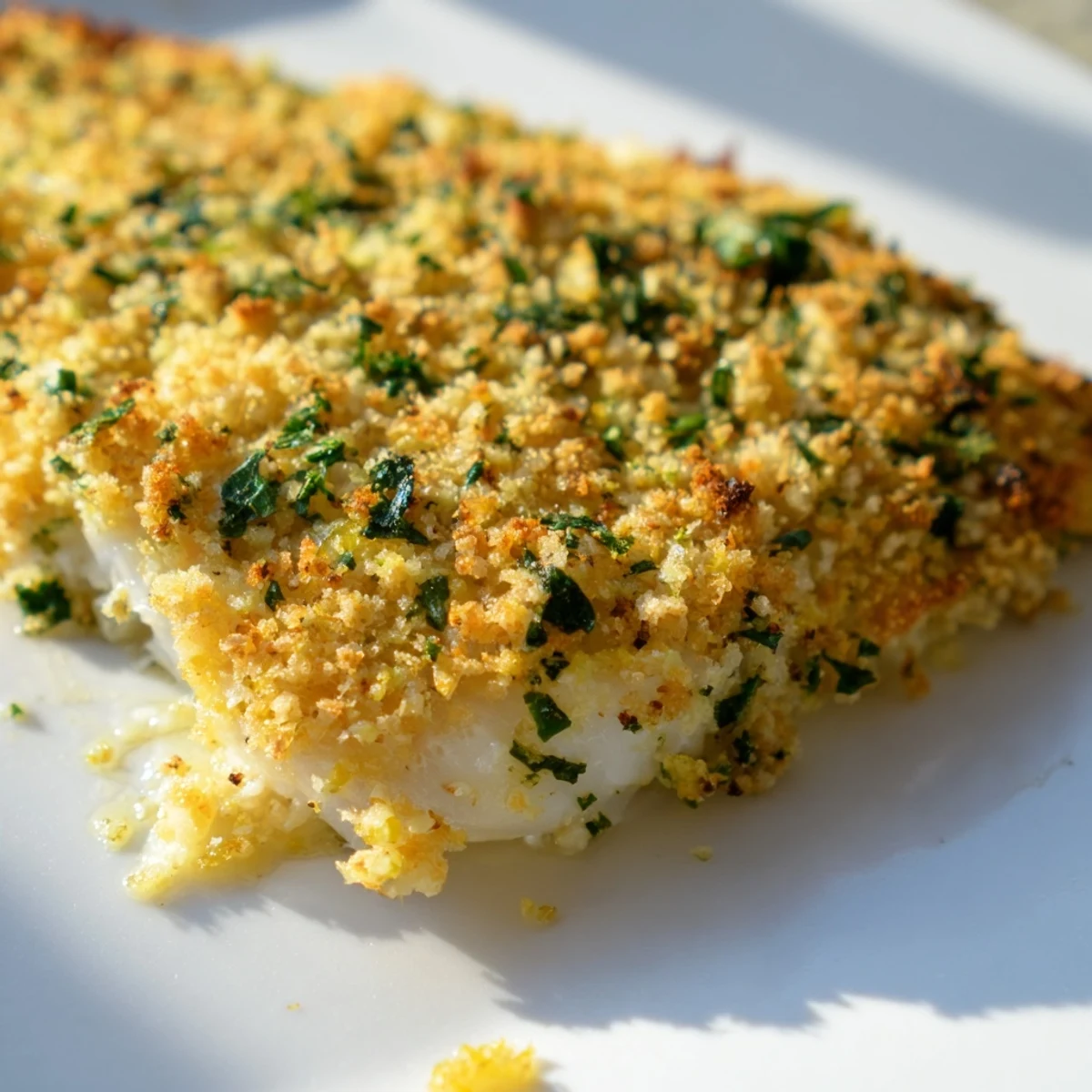 Tender haddock fillets topped with crispy, golden breadcrumbs and baked to perfection, served with lemon wedges.