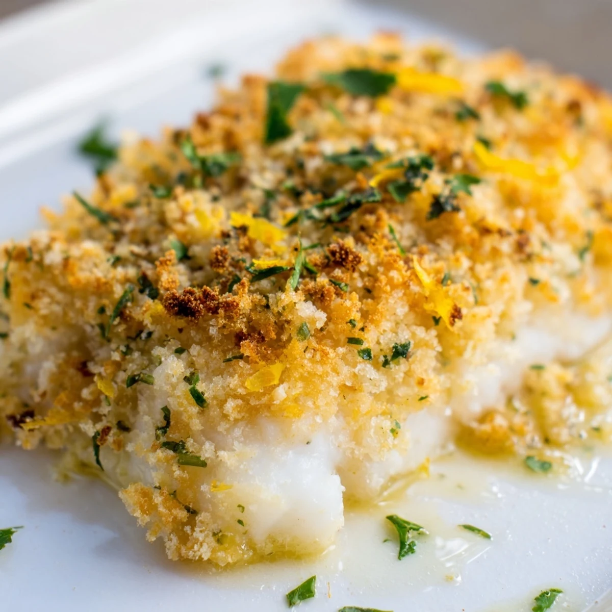 Close-up of baked haddock with herbed breadcrumbs, showing flaky fish and a crunchy topping on a baking dish.