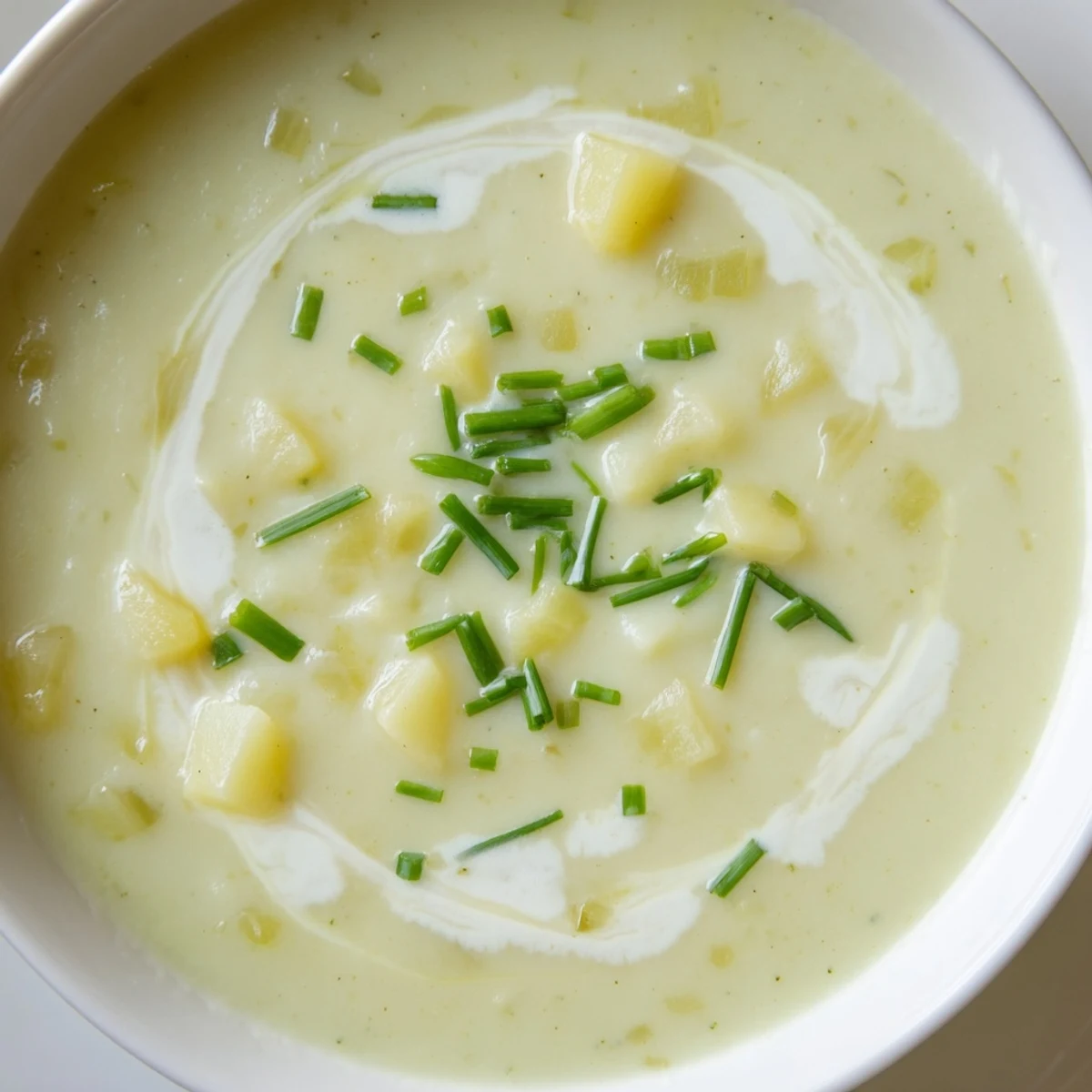 Creamy Leek Soup with Potatoes simmers in a white bowl, garnished with fresh chives and cracked black pepper, ready for dipping.