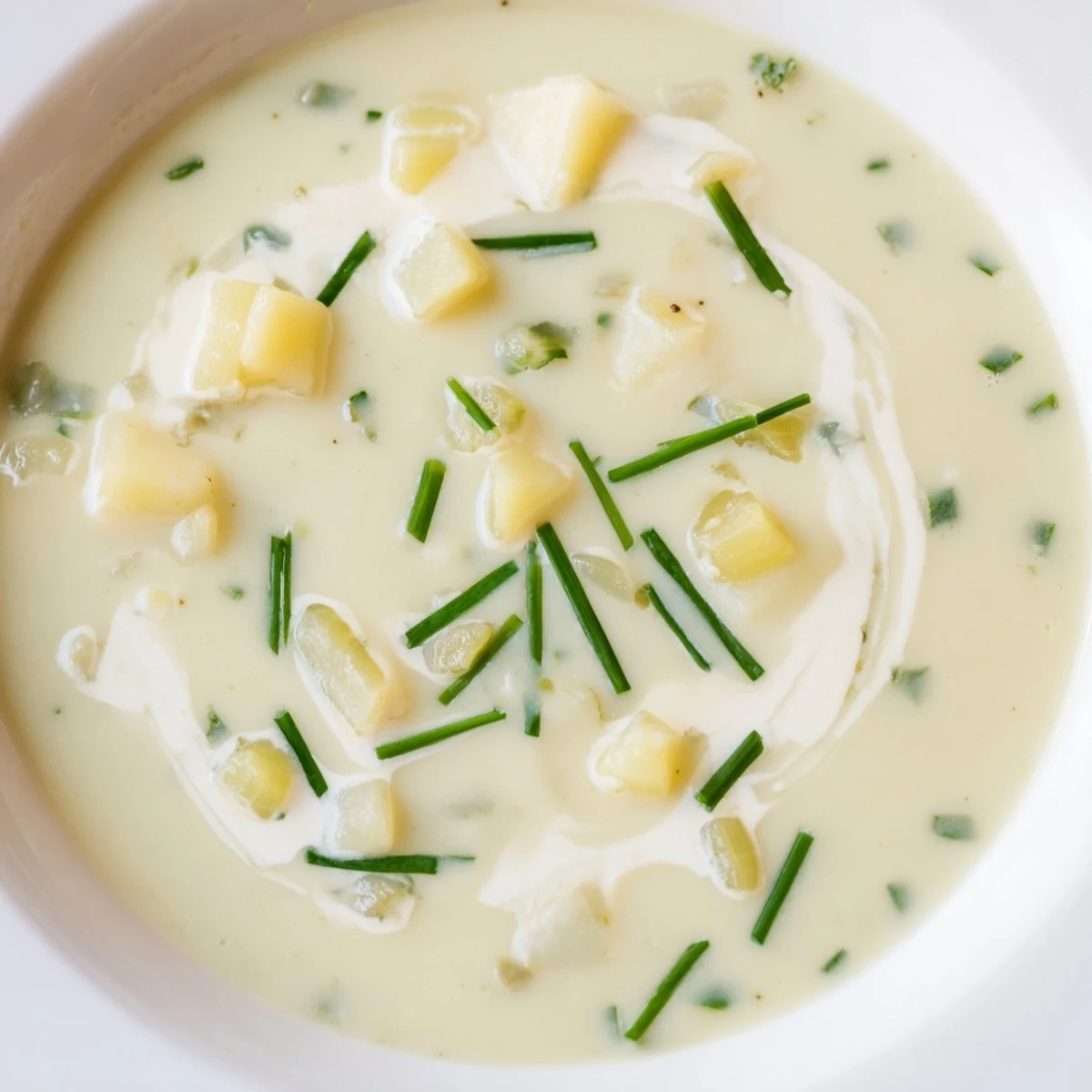 Steaming bowl of Creamy Leek Soup with Potatoes features tender leeks and diced potatoes, perfect for a cozy lunch or light dinner.