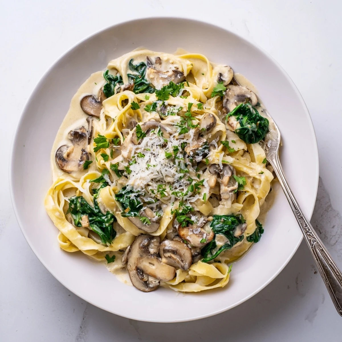 Creamy Mushroom and Spinach Pasta tossed with fettuccine in a rich, garlicky cream sauce and wilted spinach leaves.  