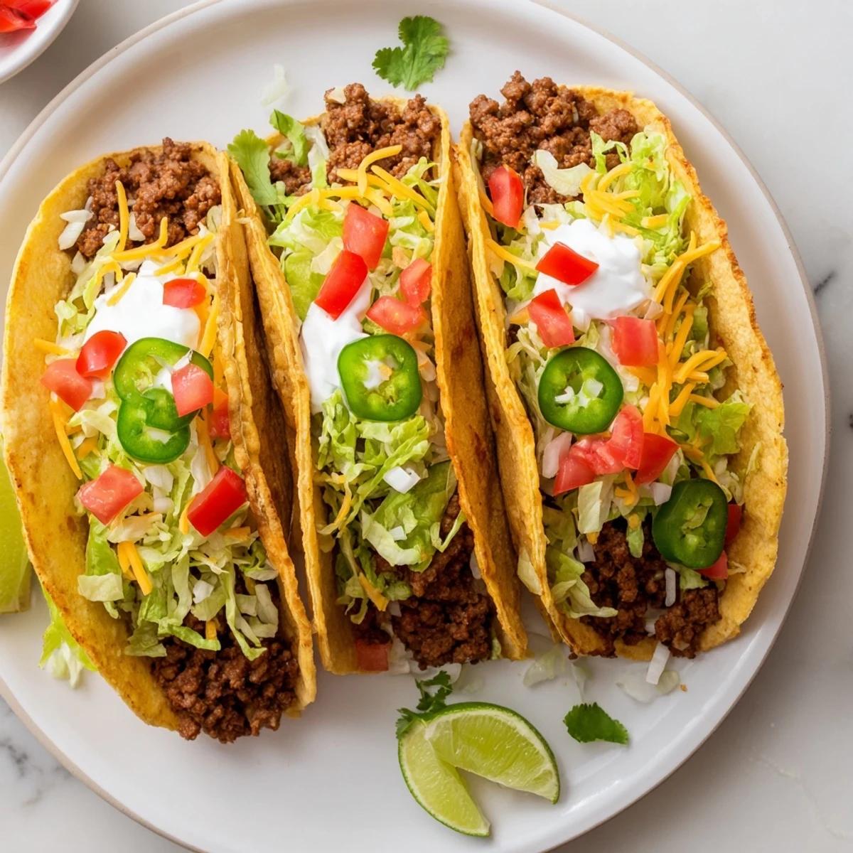 Crispy hard beef tacos with seasoned ground beef, shredded lettuce, diced tomatoes, and melty cheddar cheese.