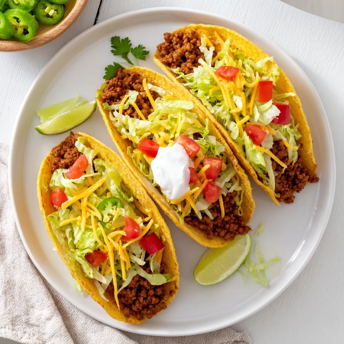 Hearty beef tacos with hard shells, topped with sour cream, fresh cilantro, and a squeeze of lime.