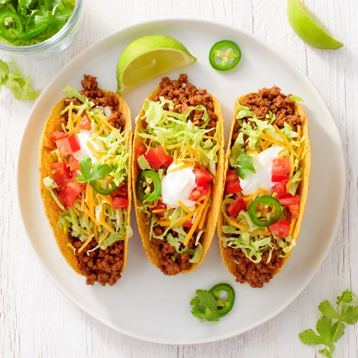 Golden hard shell beef tacos loaded with seasoned meat, veggies, cheese, and a jalapeño garnish.