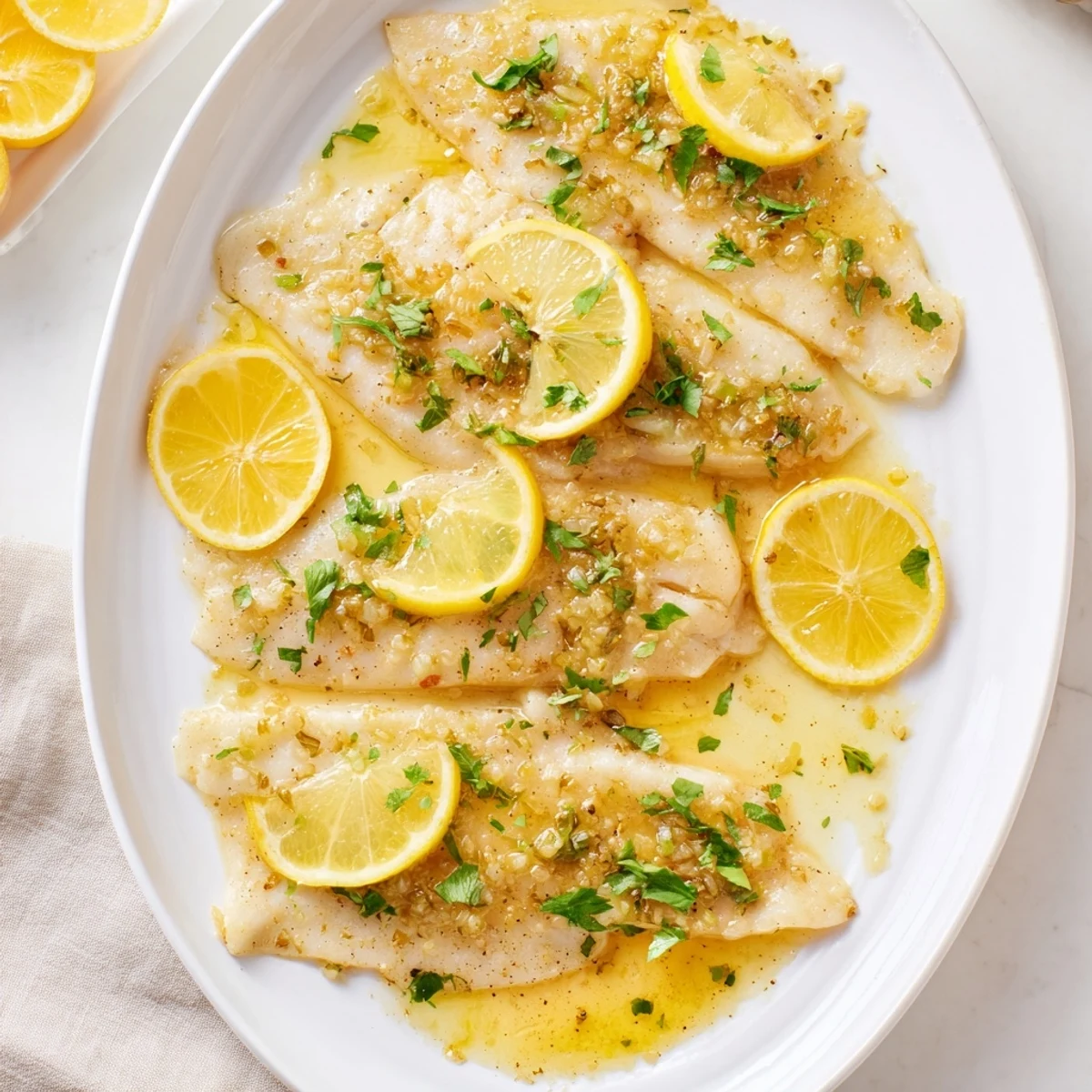 Flaky baked tilapia with lemon butter glistens, ready for a flavorful, healthy meal.