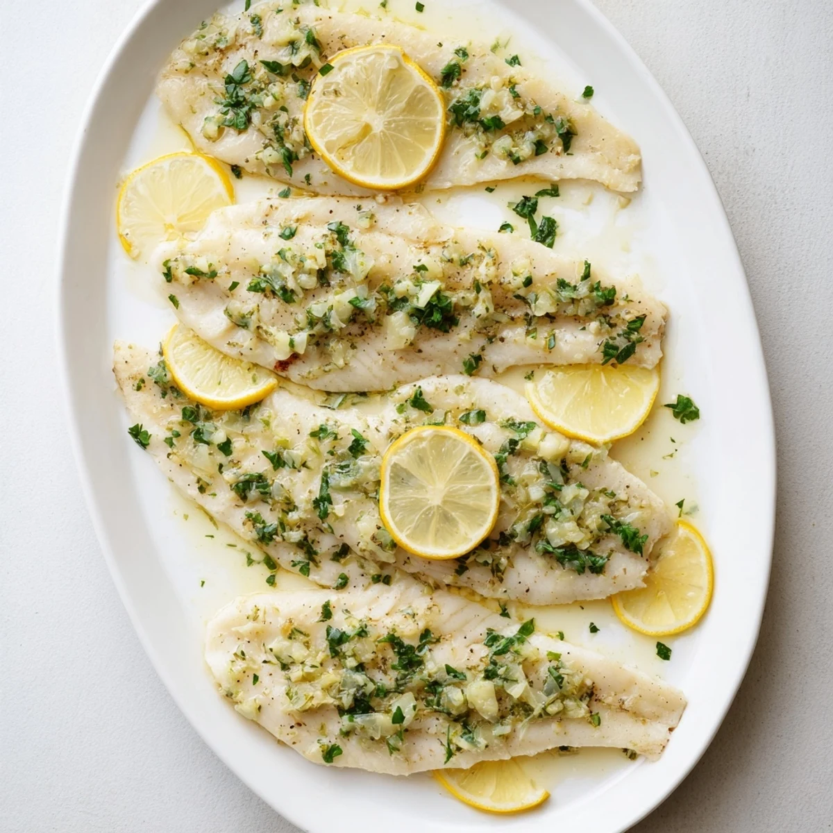 Golden, baked tilapia with lemon butter, a simple weeknight dinner option, beautifully plated.