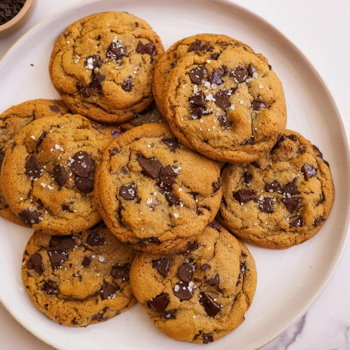 Golden-brown Chocolate Chip Cookies with Sea Salt on a cooling rack, their edges perfectly crisp and centers chewy. 