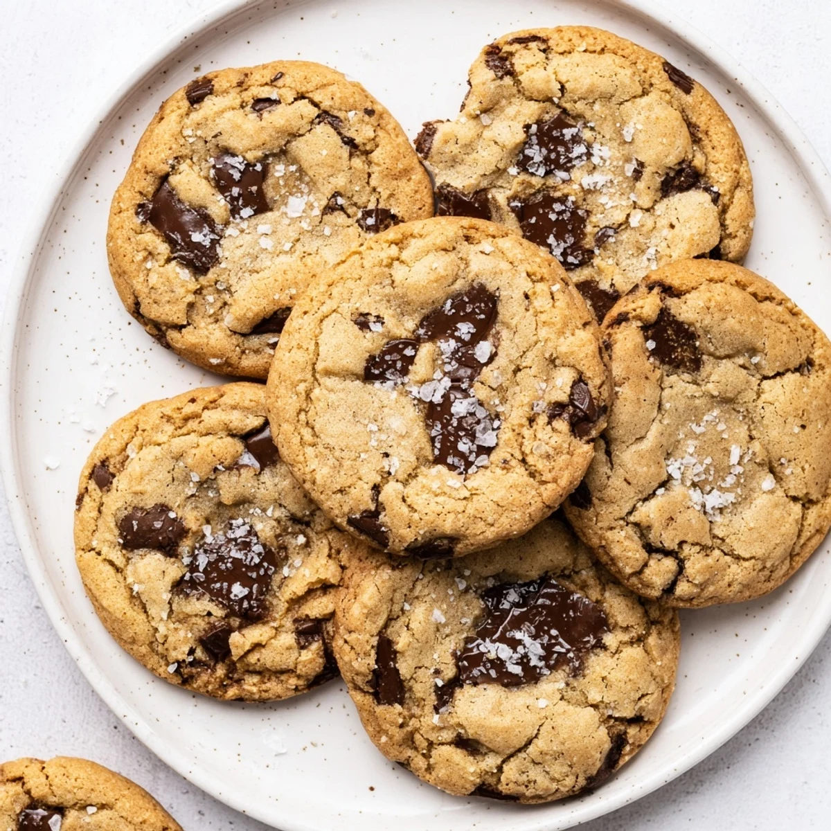 A close-up of Chocolate Chip Cookies with Sea Salt, showing gooey chocolate pools and a delicate salt sprinkle. 