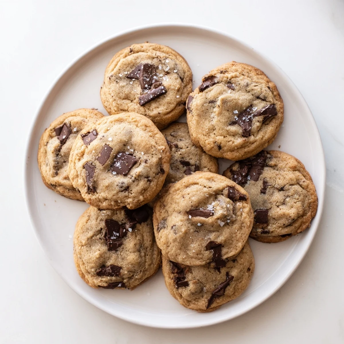 Freshly baked Chocolate Chip Cookies with Sea Salt stacked on a plate, ready to be enjoyed with a tall glass of milk.