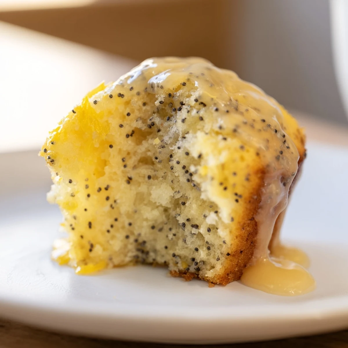A close-up of golden Lemon Poppy Seed Muffins, each glistening with a sweet, tangy lemon glaze on a rustic wooden board.  