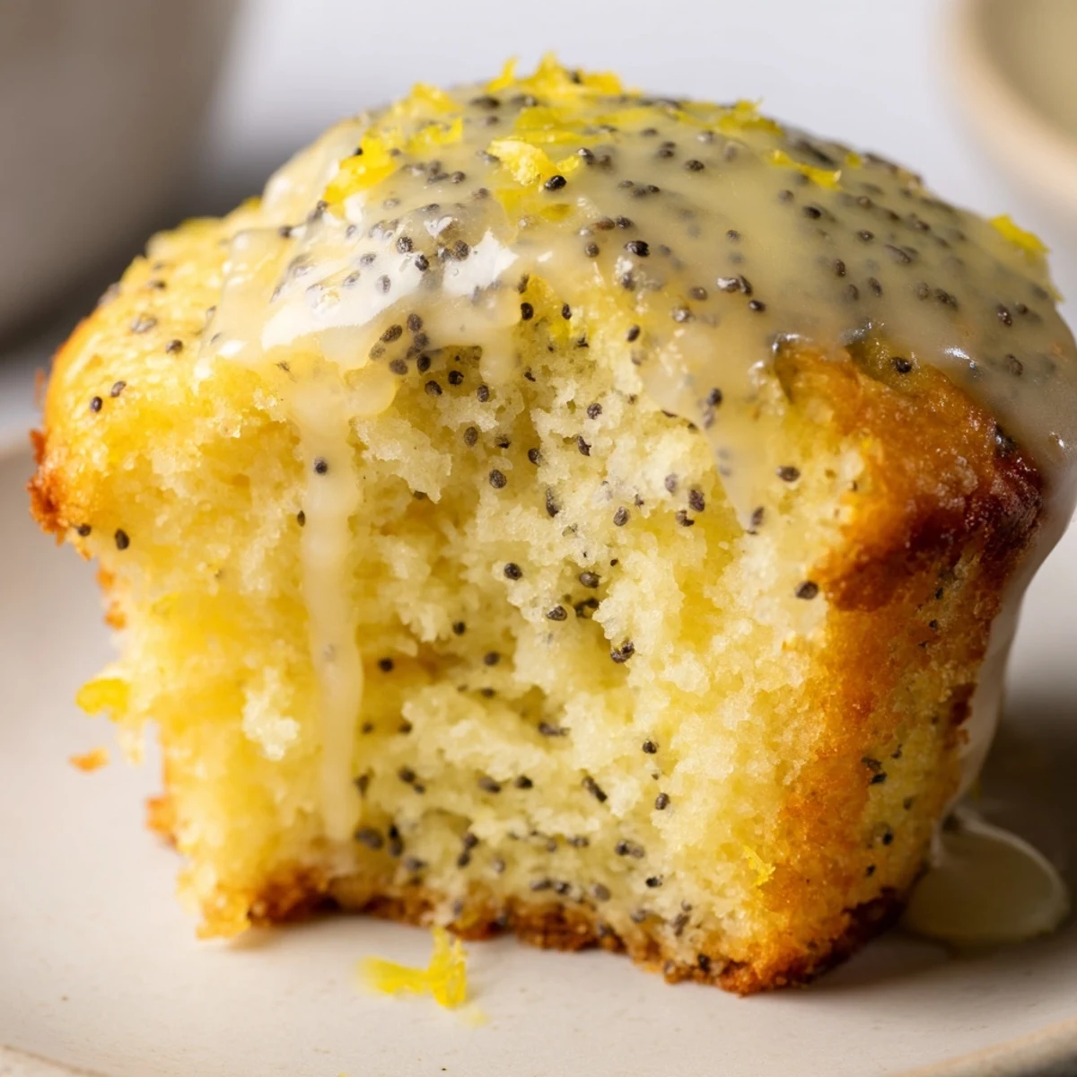 Freshly baked Lemon Poppy Seed Muffins topped with a thick lemon glaze, arranged neatly in a muffin tin for a breakfast treat.  