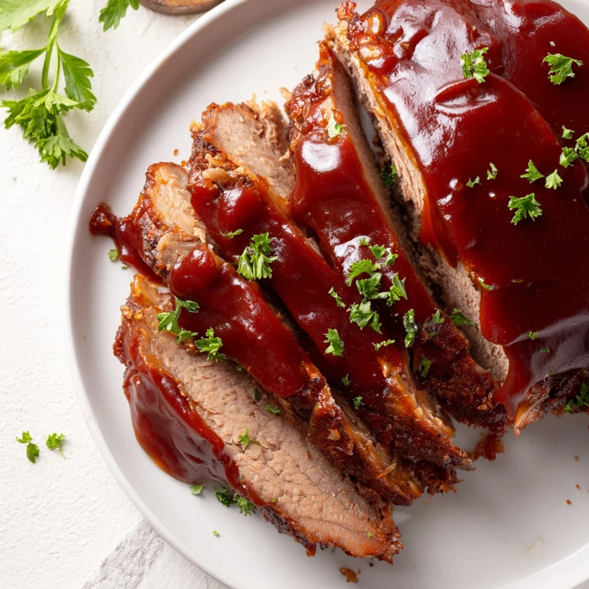 Sliced Slow Cooker Beef Brisket with BBQ Sauce served on soft buns with pickles and fresh parsley garnish.