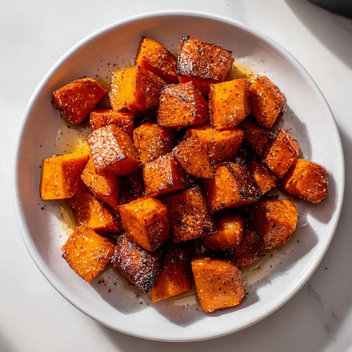 Glistening Roasted Sweet Potatoes with Cinnamon garnished with fresh herbs and served hot.