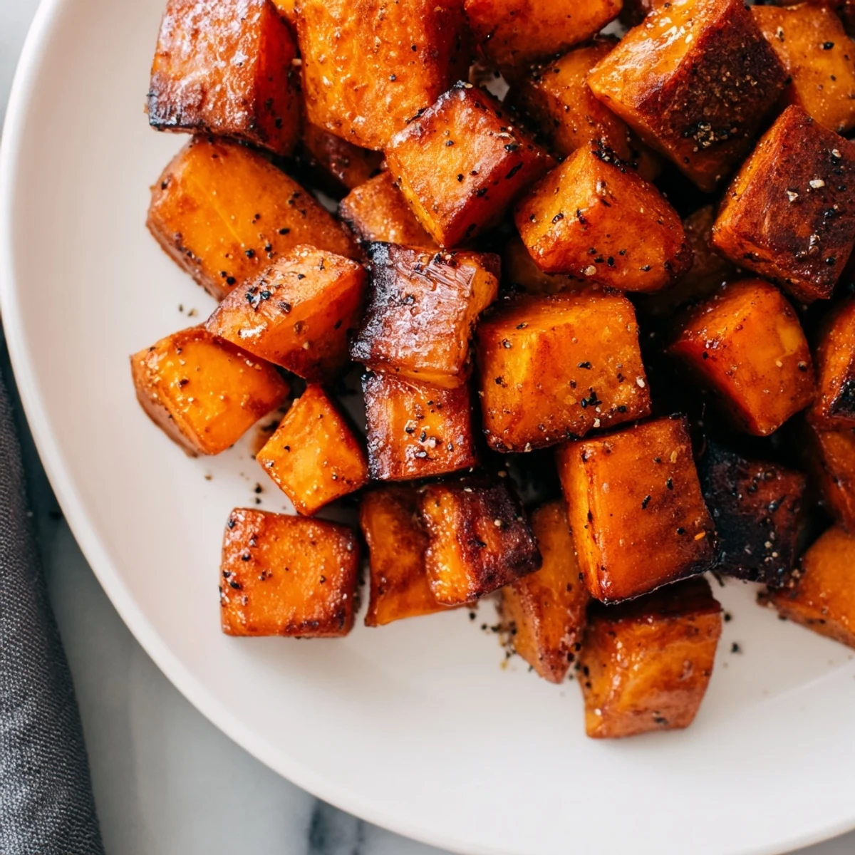 Golden-brown Roasted Sweet Potatoes with Cinnamon tossed in olive oil on a baking sheet.