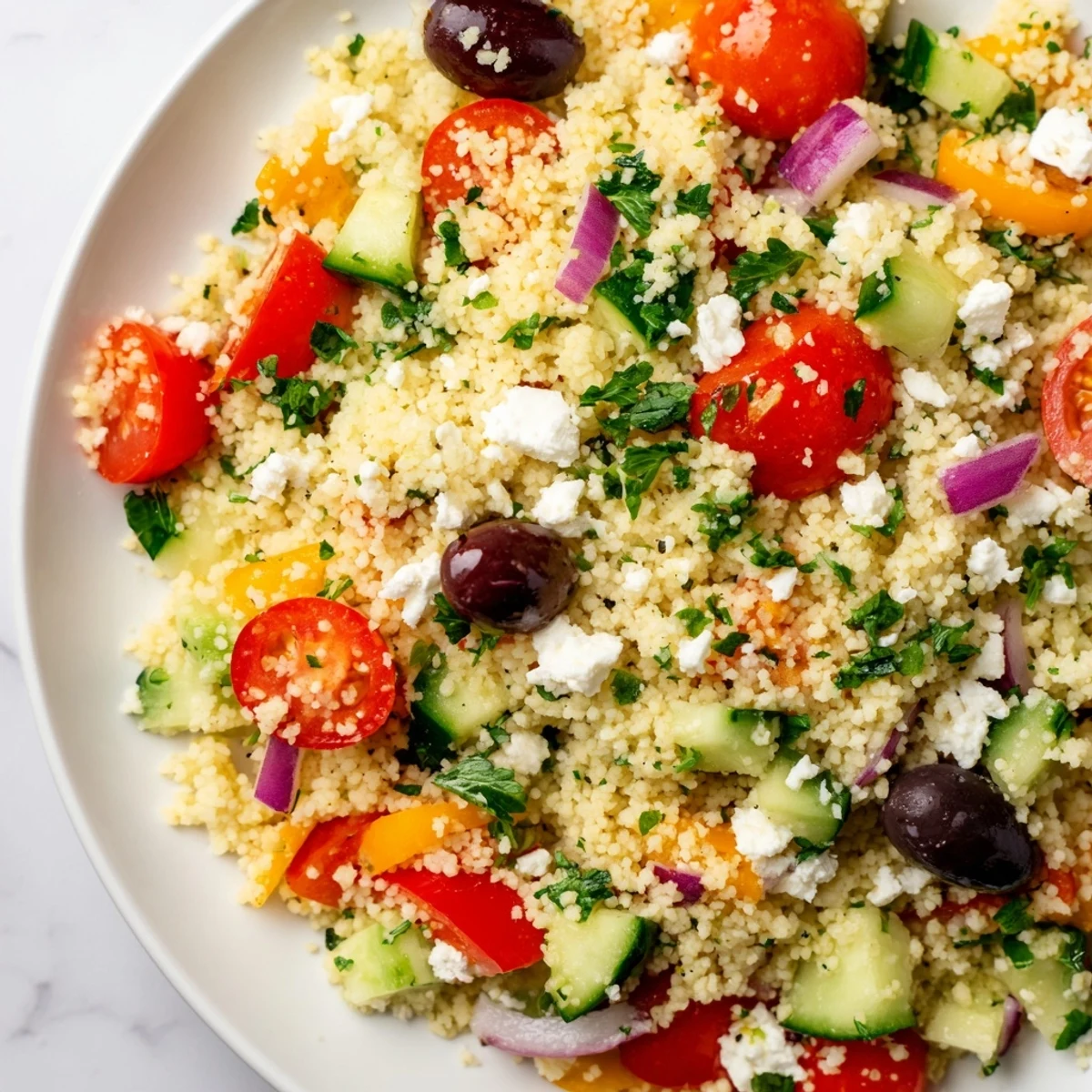 A vibrant bowl of Mediterranean Couscous Salad with cherry tomatoes, cucumber, and Kalamata olives tossed in lemon-herb dressing.