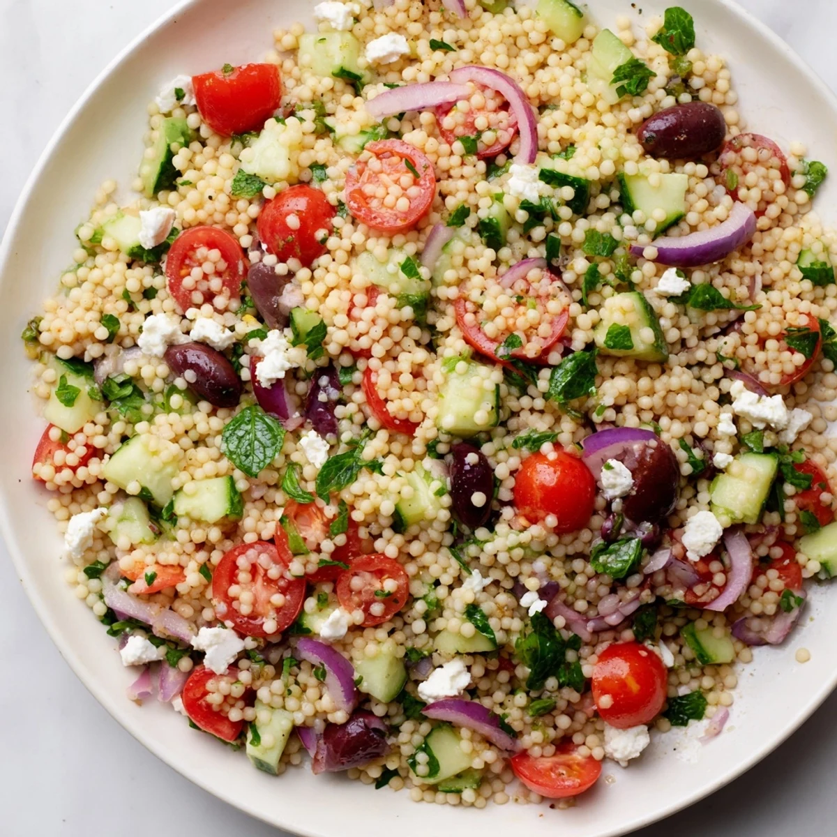Ready-to-serve Mediterranean Couscous Salad garnished with parsley and red onion, perfect for a sunny picnic or light lunch.
