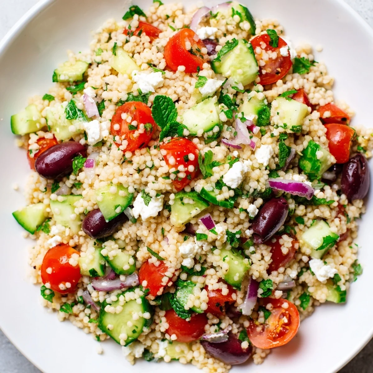 Fluffy Mediterranean Couscous Salad topped with crumbled feta, diced red bell pepper, and fresh mint leaves on a rustic table.