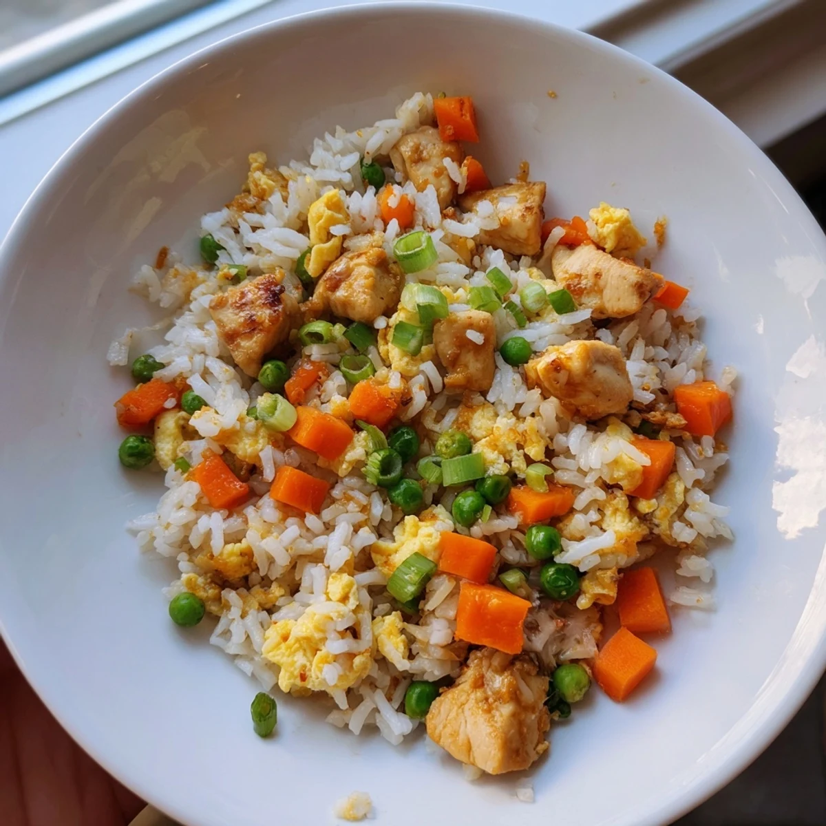 A close-up view of homemade Chicken Fried Rice with Peas and Carrots, featuring fluffy rice, tender chicken pieces, and bright orange carrot dice, all steaming in a wok.  