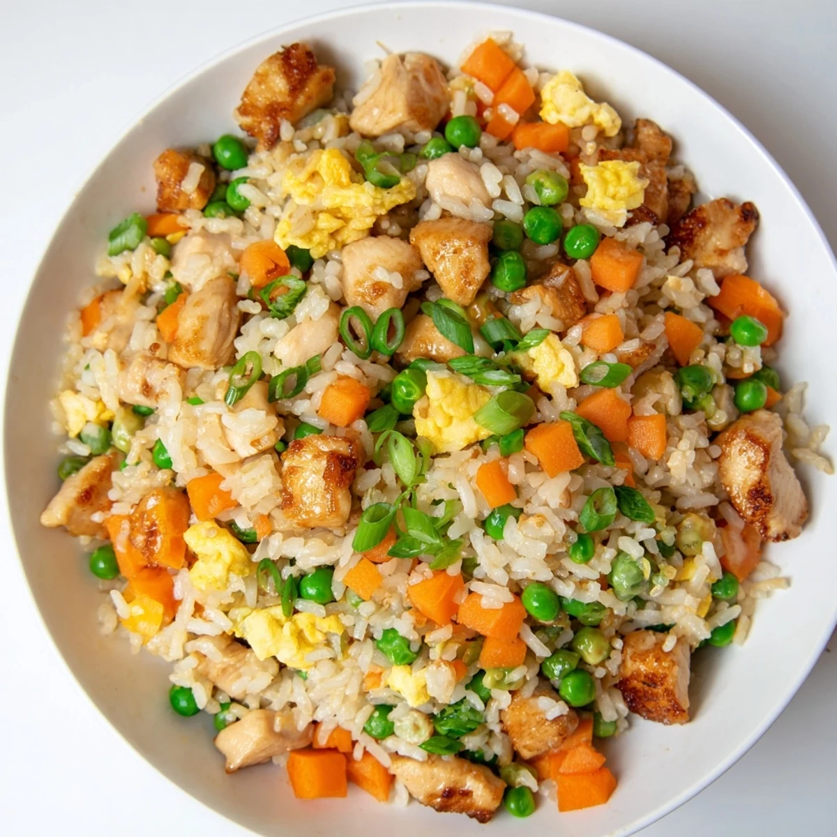 A serving of Chicken Fried Rice with Peas and Carrots in a white bowl, garnished with fresh green onions, ready to be enjoyed as a family weeknight meal.  