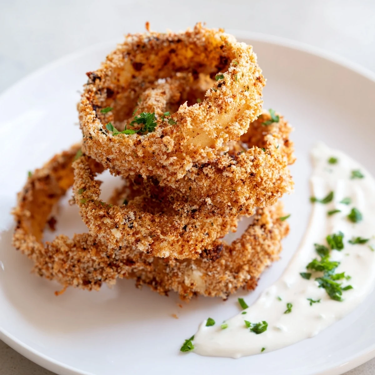 Golden-brown Crispy Baked Onion Rings with Ranch are arranged on a plate, showing a crunchy panko coating.