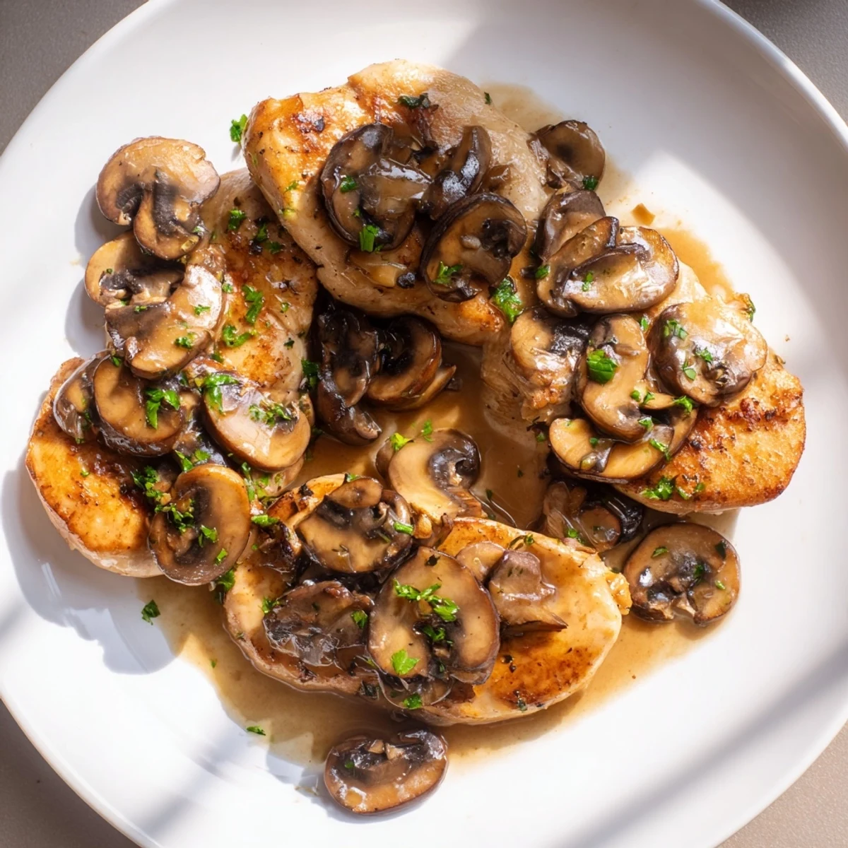 Golden-brown Date Night Chicken Marsala with tender pounded chicken breasts swimming in a creamy mushroom sauce, garnished with fresh parsley and served alongside mashed potatoes for a romantic dinner.
