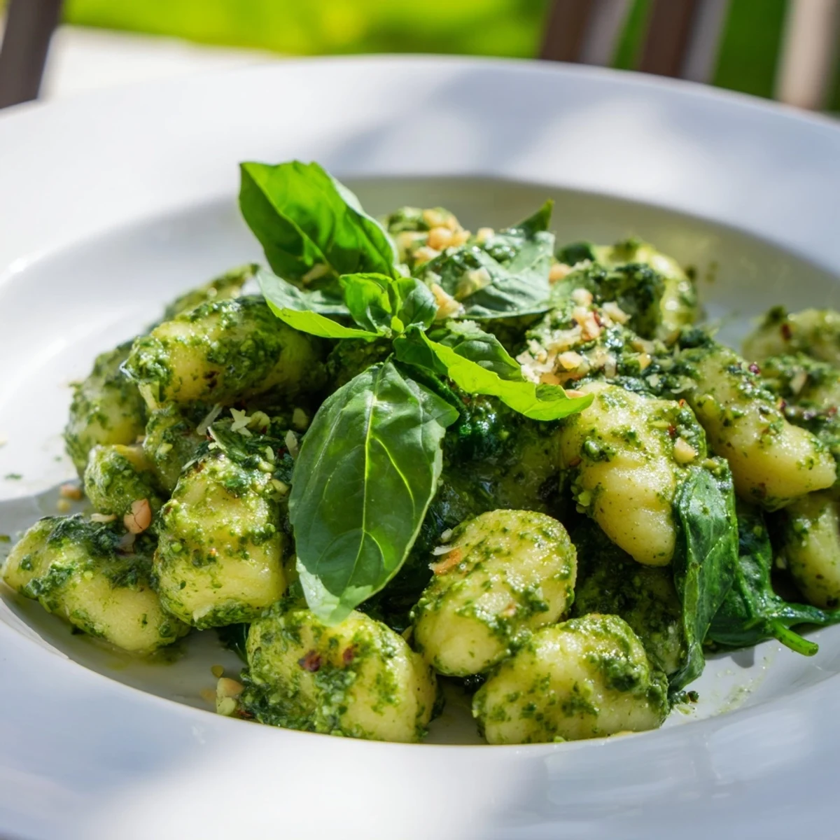 Golden-brown potato gnocchi coated in bright green homemade basil pesto, tossed with wilted baby spinach leaves on a rustic wooden board.
