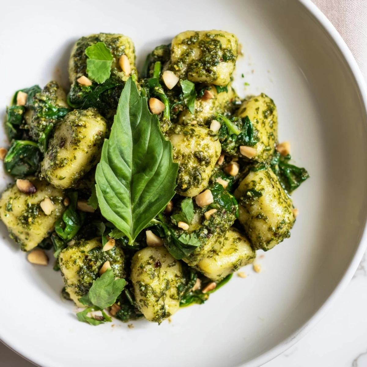 Freshly cooked Green Pesto Gnocchi with Spinach on a plate, garnished with extra Parmesan and lemon wedges, ready to be enjoyed for dinner.