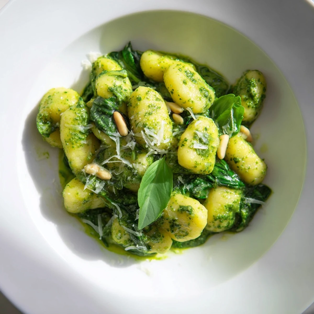 Tender gnocchi and vibrant spinach swirled in creamy pesto sauce, served steaming in a white bowl with shaved Parmesan and fresh basil garnish.