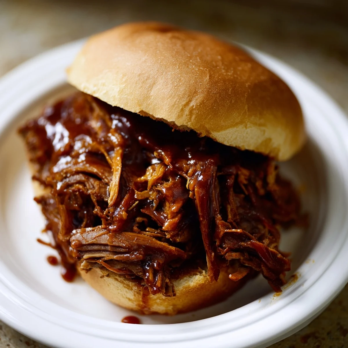 Tender shredded beef from Tailgate Pulled Beef Sandwiches steaming on a soft roll, garnished with fresh parsley.