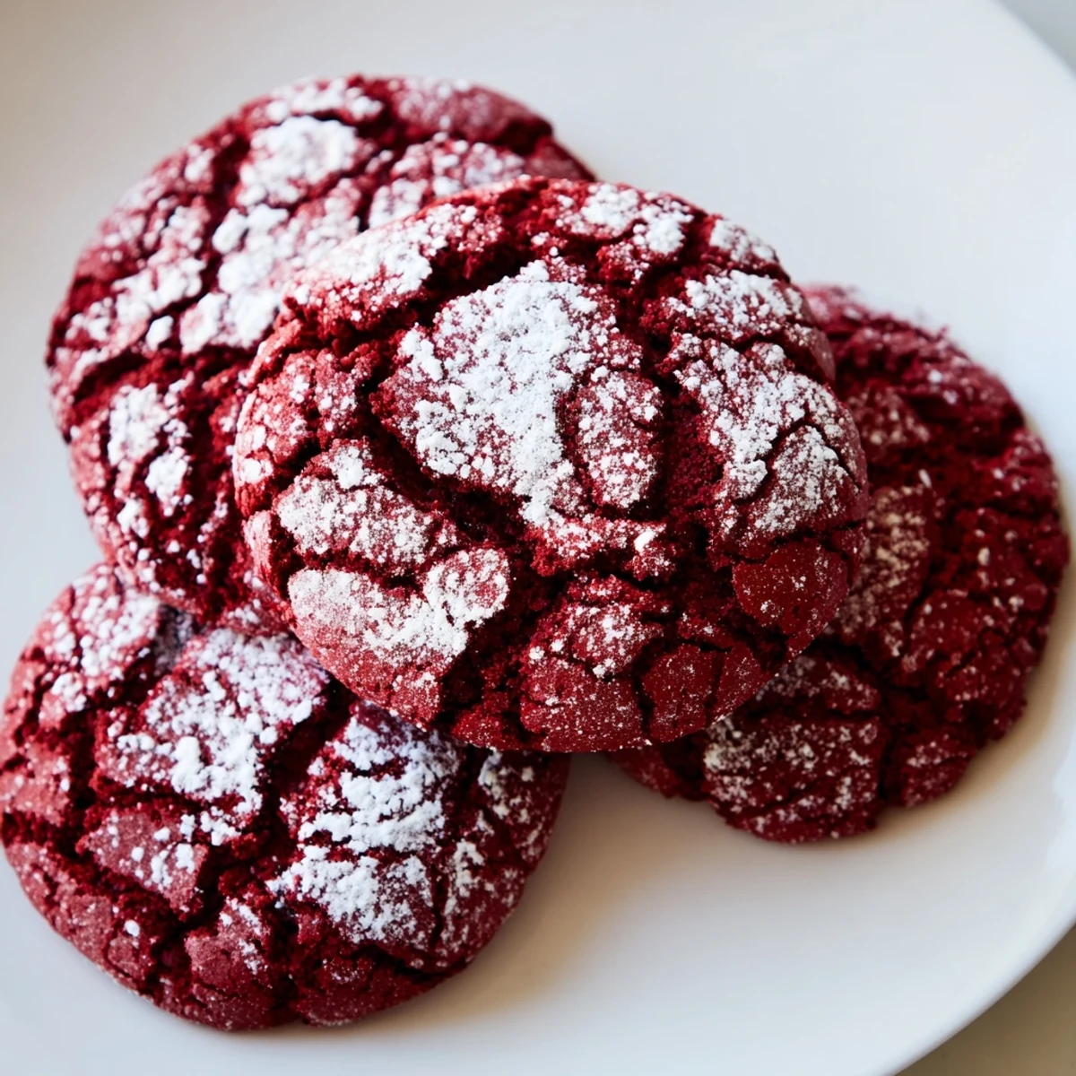 Crinkled Red Velvet Crinkle Cookies on a parchment-lined tray with a snowy powdered sugar finish.
