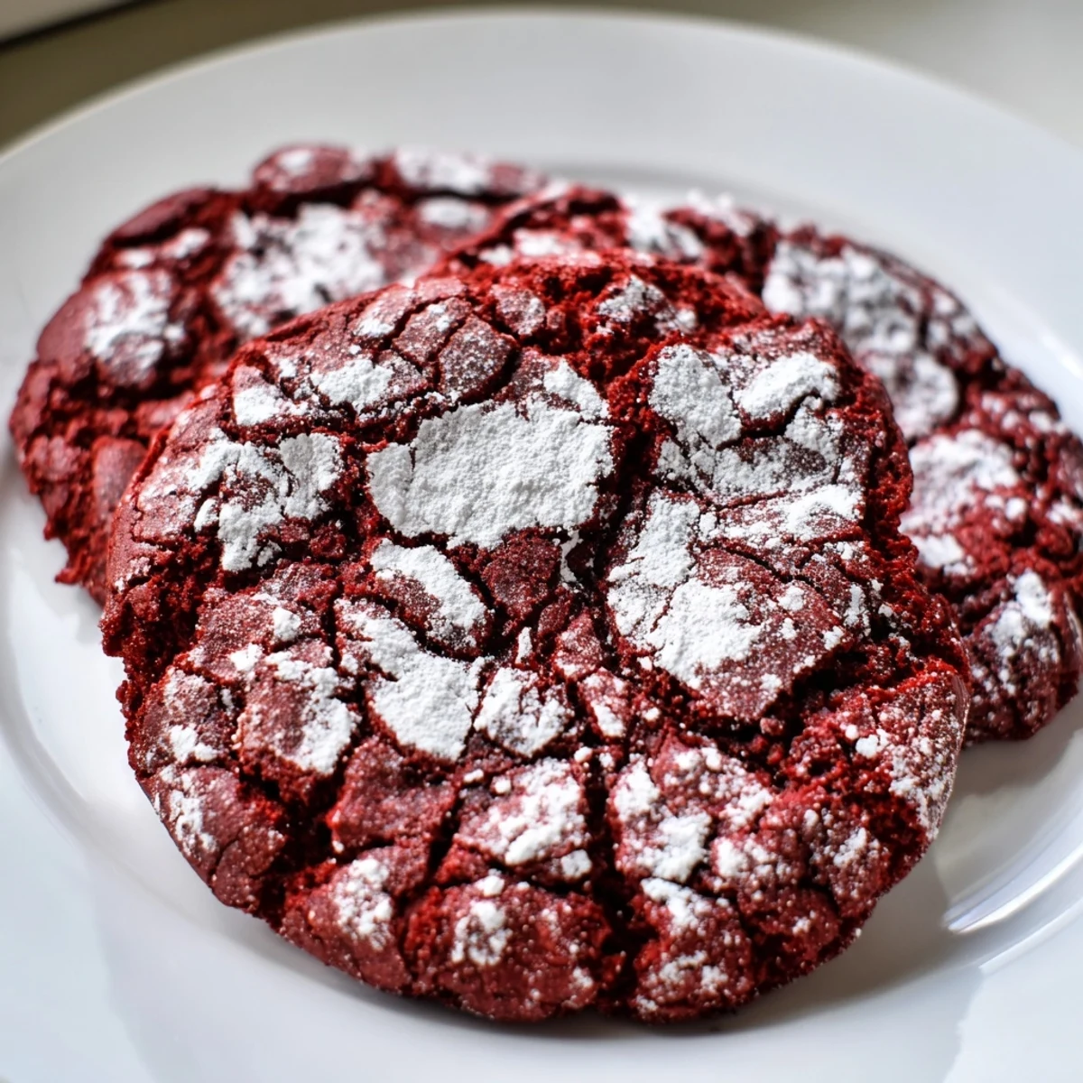 Crinkled Red Velvet Crinkle Cookies, soft and fudgy, served warm on a festive platter.