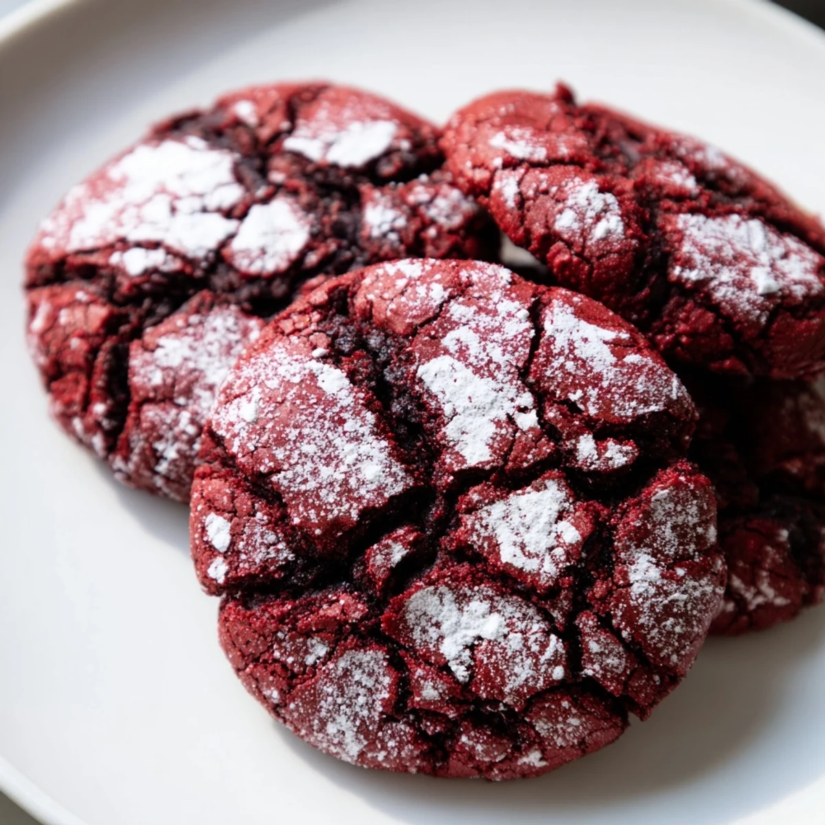 Freshly baked Red Velvet Crinkle Cookies dusted with powdered sugar beside a tall glass of milk.