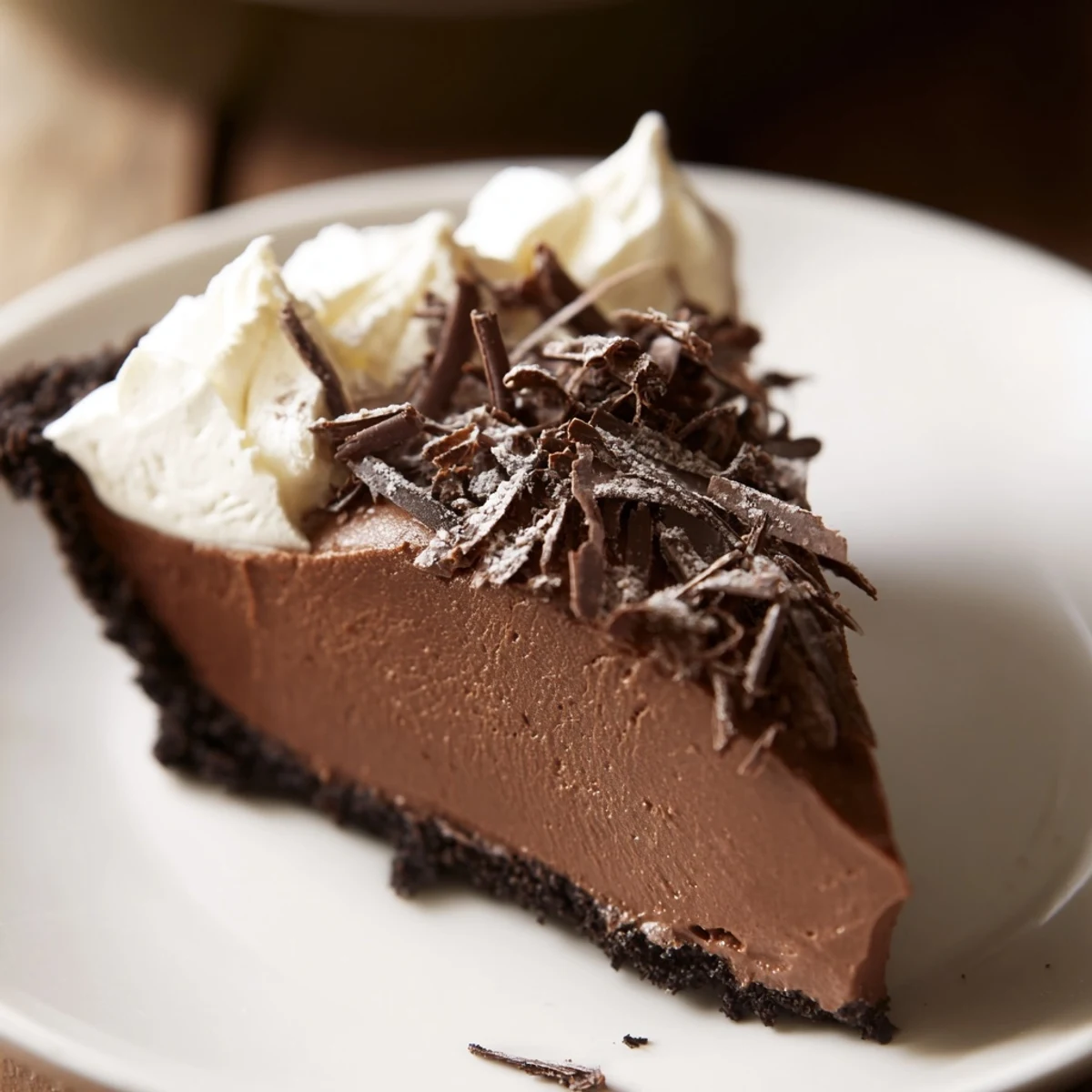 A decadent slice of Romantic Chocolate Silk Pie garnished with chocolate shavings beside fresh raspberries.