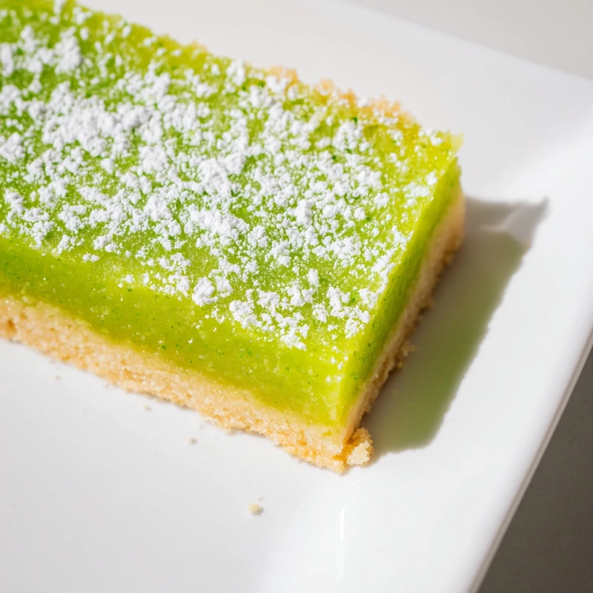 Bright green St. Patricks Day Lime Bars on a buttery shortbread crust, dusted with powdered sugar for a festive dessert.