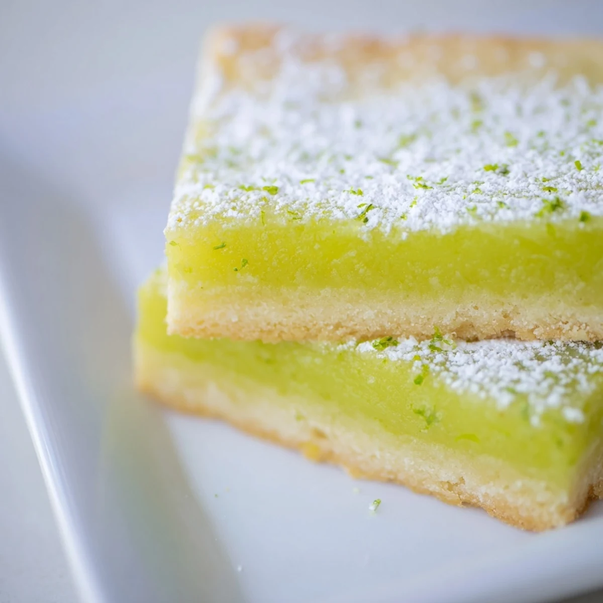 Golden shortbread base with tangy lime filling for St. Patricks Day Lime Bars, served chilled on a rustic plate.