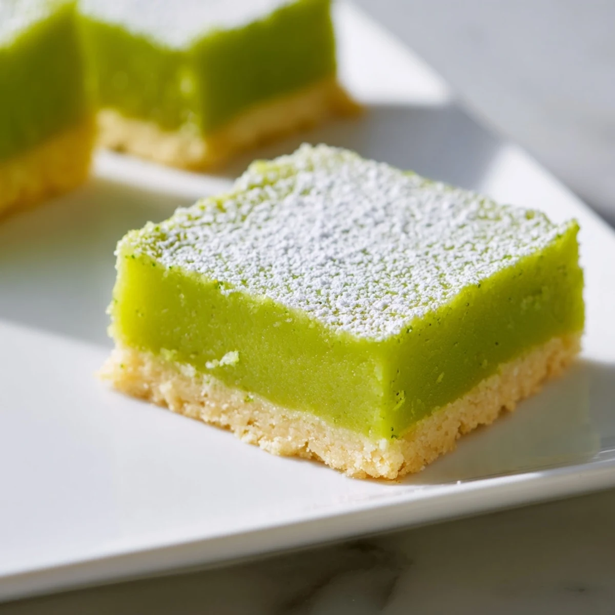 Homemade St. Patricks Day Lime Bars cut into squares, showcasing a vibrant green citrus layer and buttery crust texture.