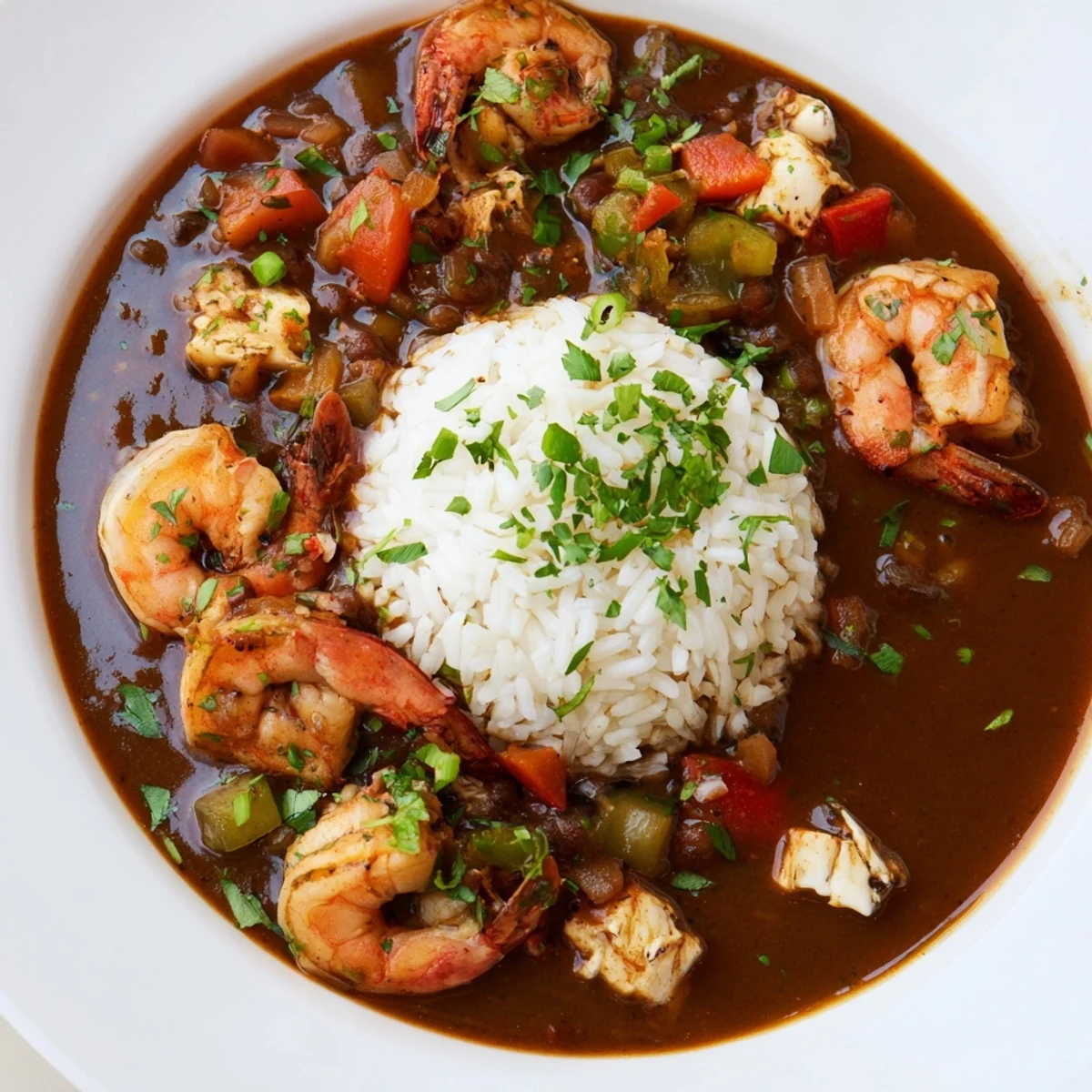 Steaming Creole Seafood Gumbo in a heavy pot reveals tender shrimp and crab, with celery and bell pepper.