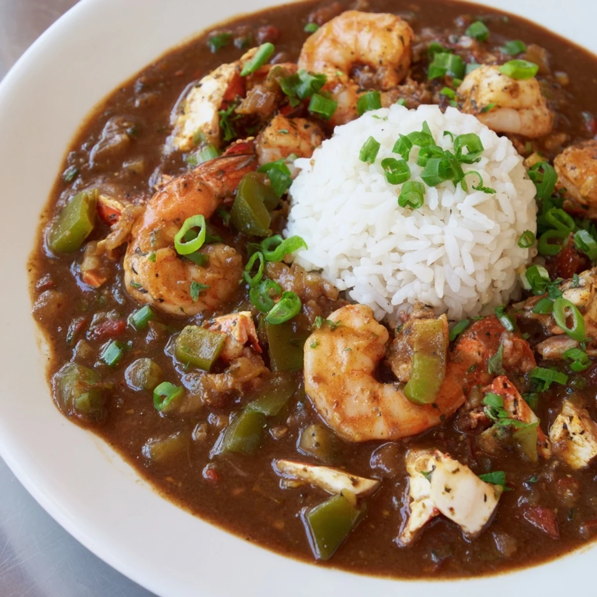 A ladle of hot Creole Seafood Gumbo pours from a Dutch oven over fluffy white rice, with parsley garnish.