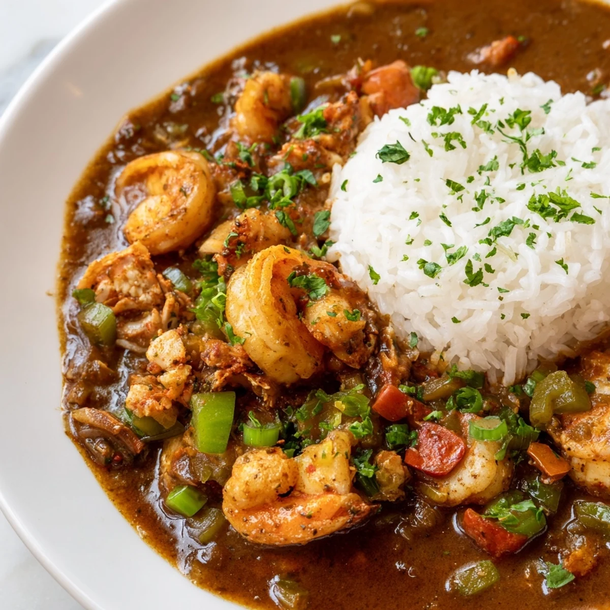 Serving Creole Seafood Gumbo family-style in deep bowls, garnished with green onions alongside crusty bread on the table.