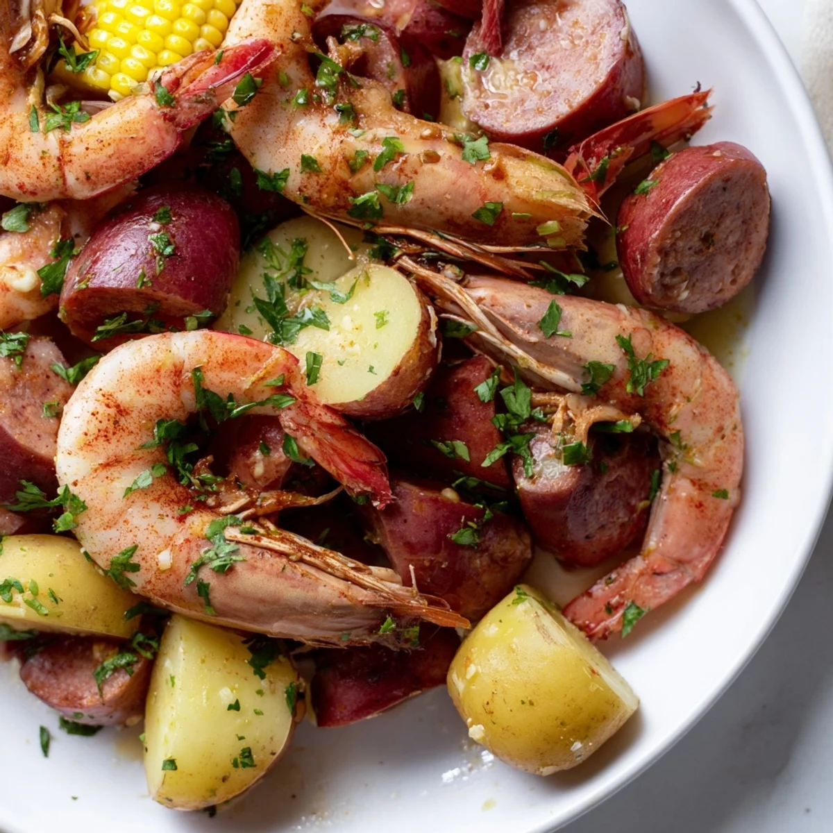 Hot Mardi Gras Shrimp Boil with andouille sausage, sweet corn, and baby red potatoes served on newspaper.