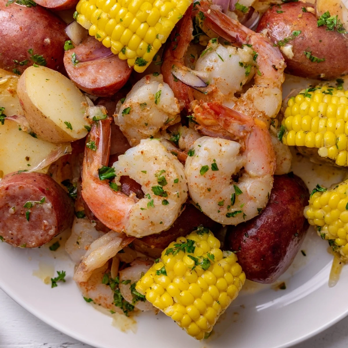 Steaming Mardi Gras Shrimp Boil featuring plump shrimp, tender corn, and Cajun spices on a rustic platter.