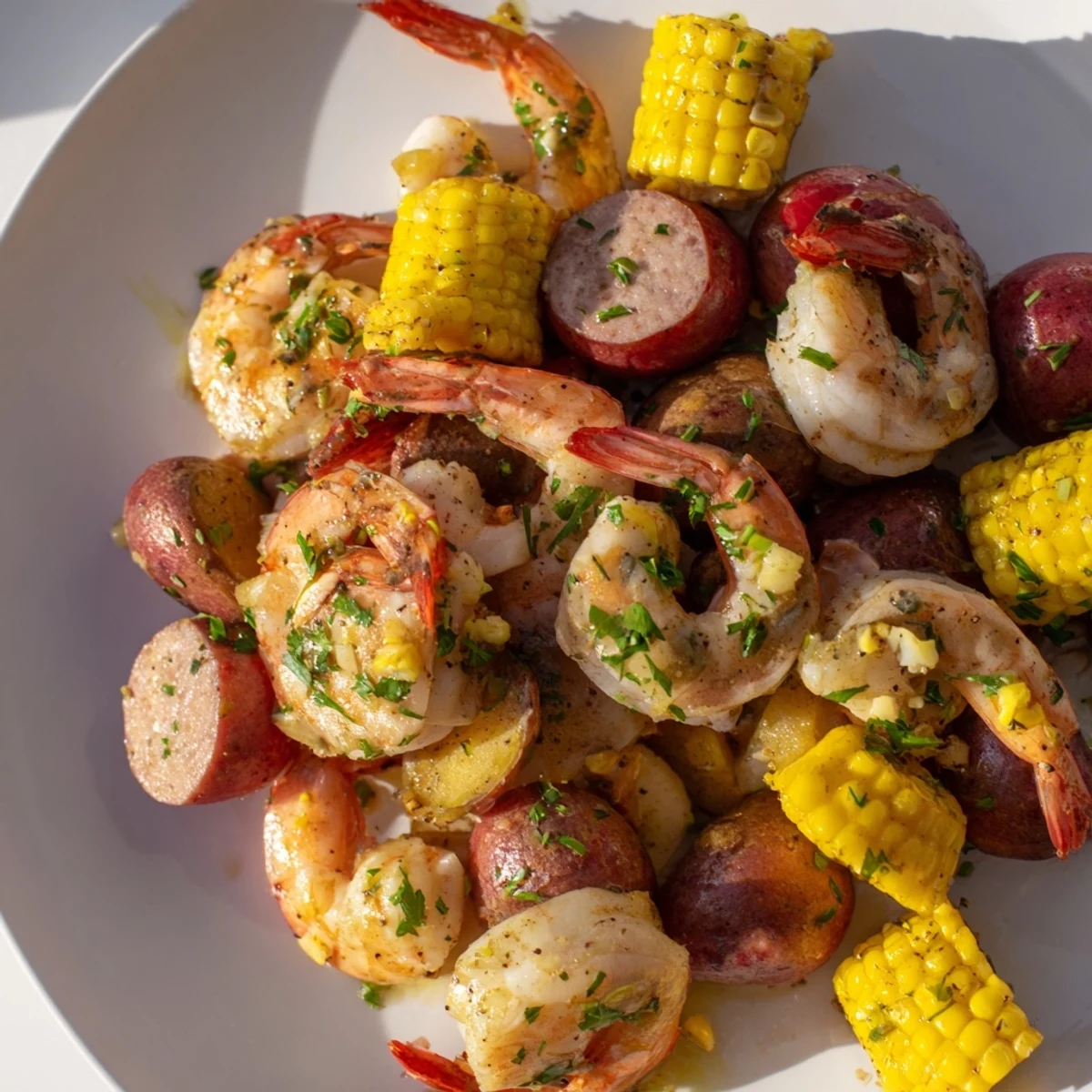 A vibrant Mardi Gras Shrimp Boil with red potatoes, corn, and sausage drizzled in melted butter.