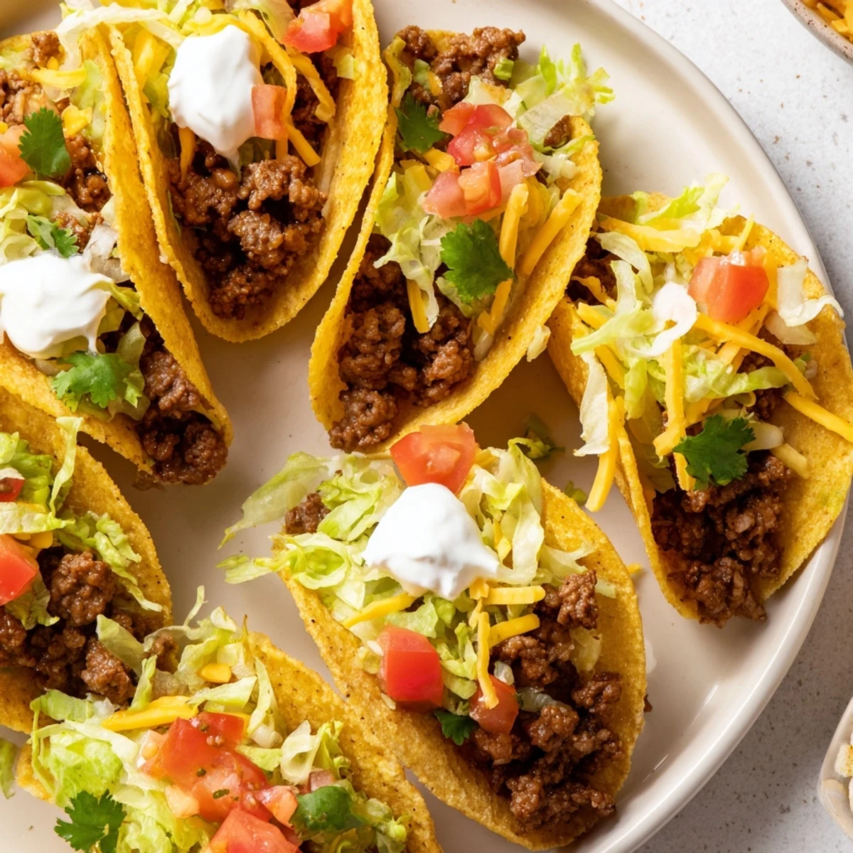 Golden mini tacos filled with beef, cheddar, lettuce, and tomato, garnished with cilantro and served alongside chunky guacamole on a platter.