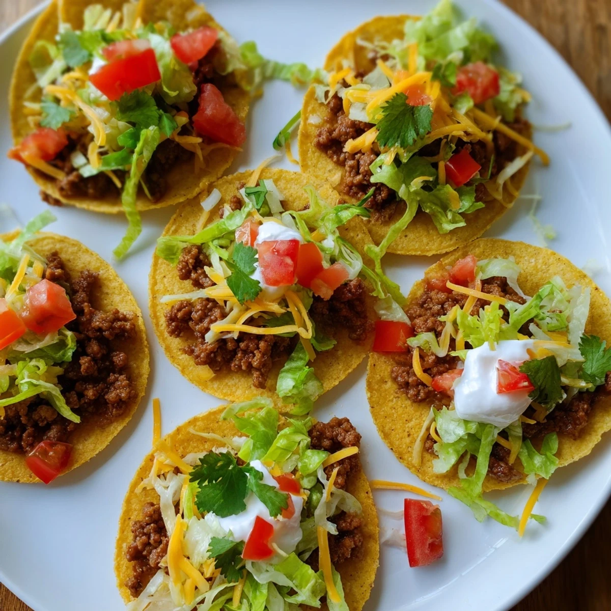 Freshly assembled Big Game Mini Tacos with guacamole ready to eat, showcasing warm tortillas, savory beef, and vibrant, colorful toppings.