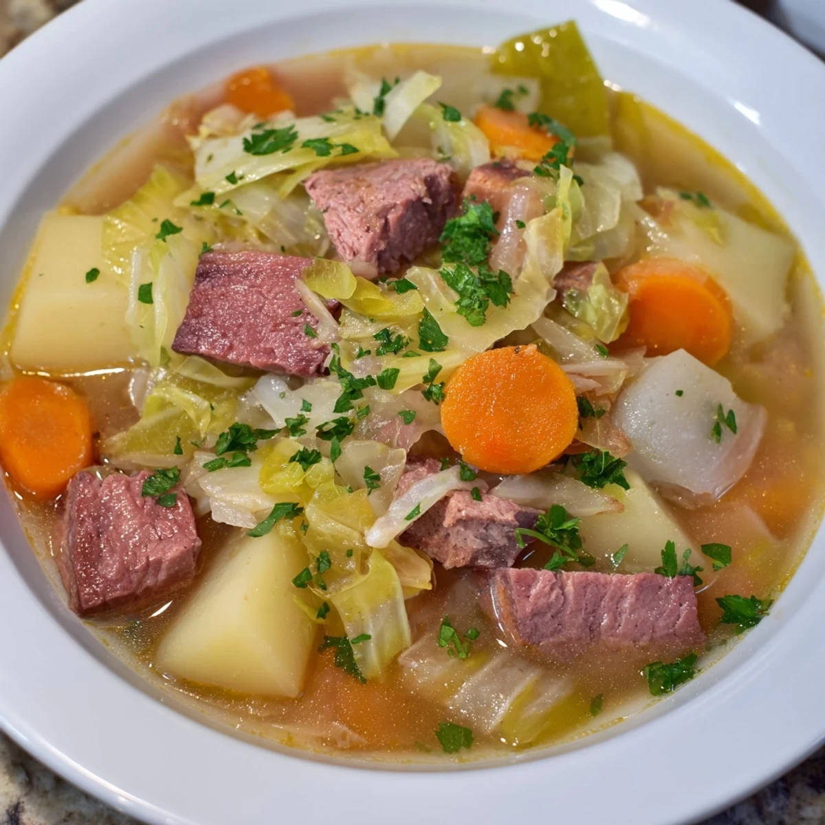 Steaming bowl of Corned Beef and Cabbage Soup with Potatoes, garnished with fresh parsley.
