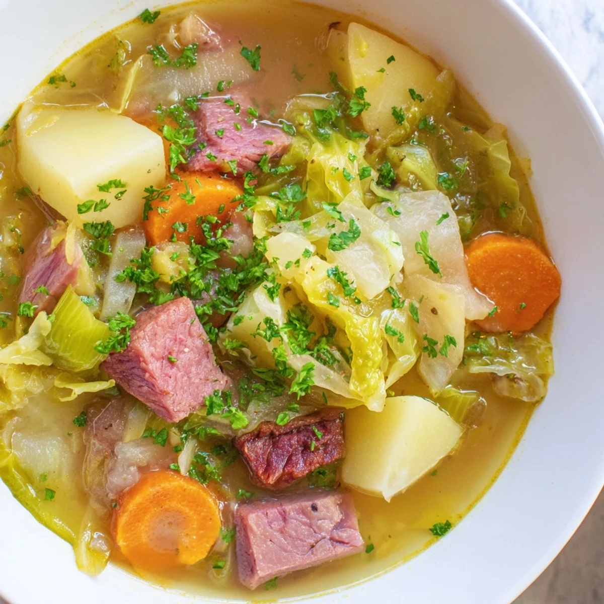 Ladled Corned Beef and Cabbage Soup with Potatoes in a rustic mug beside crusty bread.